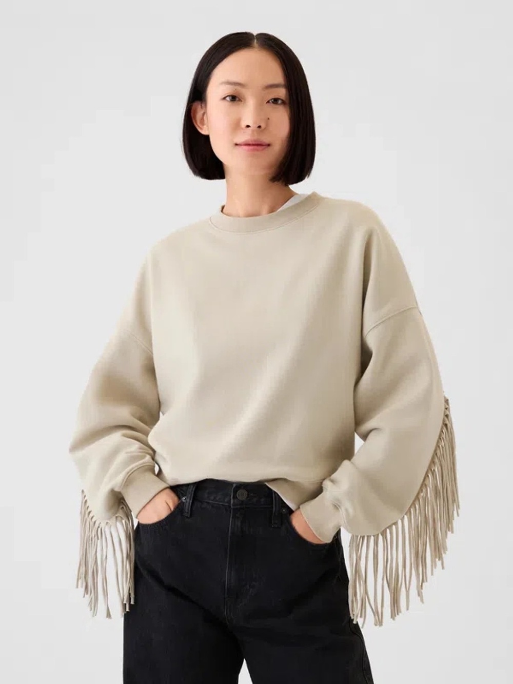 GAP Vintage Soft Wedge Crewneck Fringe Sweatshirt In Moonstone Beige Size Medium